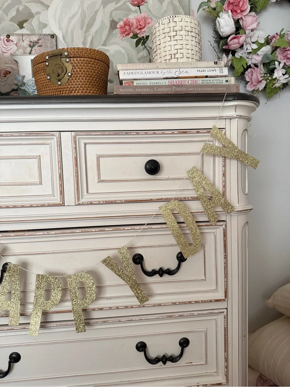 Cream Distressed Dresser with Black Hardware